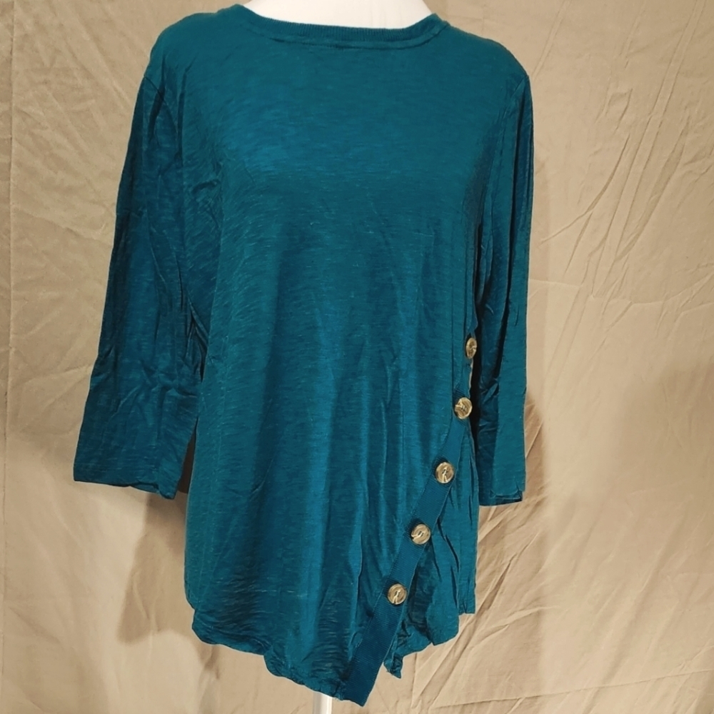 Westbound L cotton blend teal 3/4 sleeve crew neck tunic w offset‎ button detail